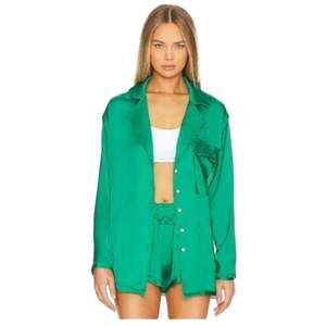 Intimately Free People Mon Amour Embroidered Satin Pajama Top Blouse M Green